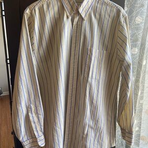 Men's White Button-Up Shirt with Blue Stripes